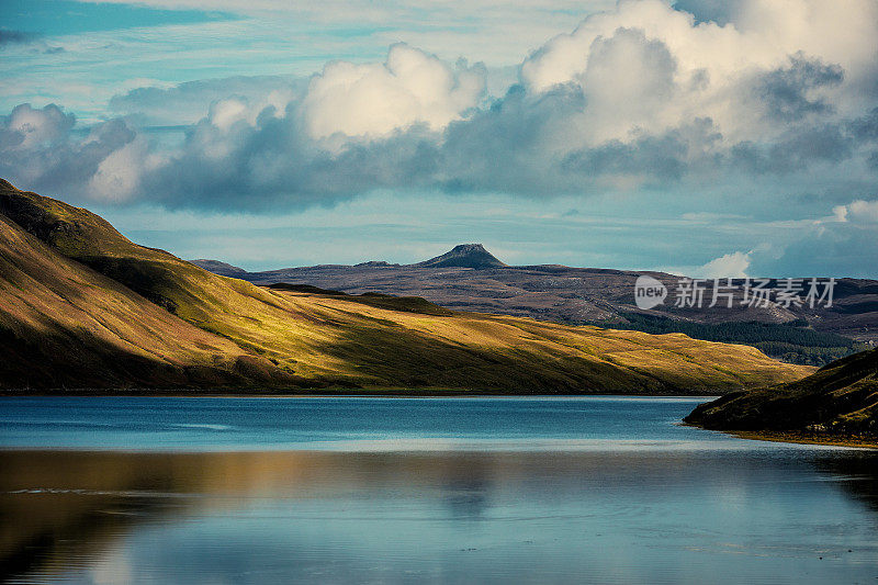 Scotland blue loch reflecting green mountains